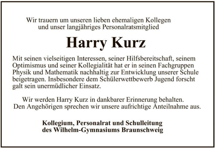 Wir trauern um Harry Kurz